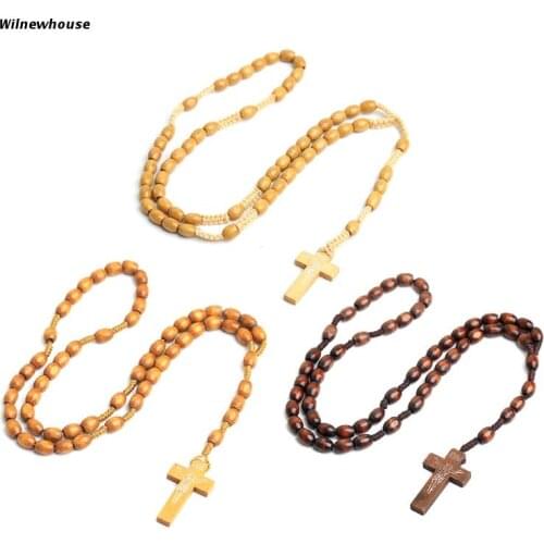 F63A Wooden Beads Cross Pendant Rosary Necklace Catholic Christian Religious Jesus Necklaces Men Women Jewelry Charm Gift