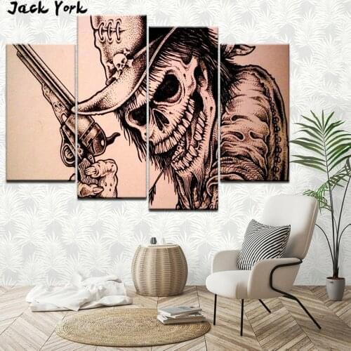 Canvas Painting cool skull and guns 4 Pieces Wall Art Painting Framework Modular Wallpapers Poster Print living room Home Decor