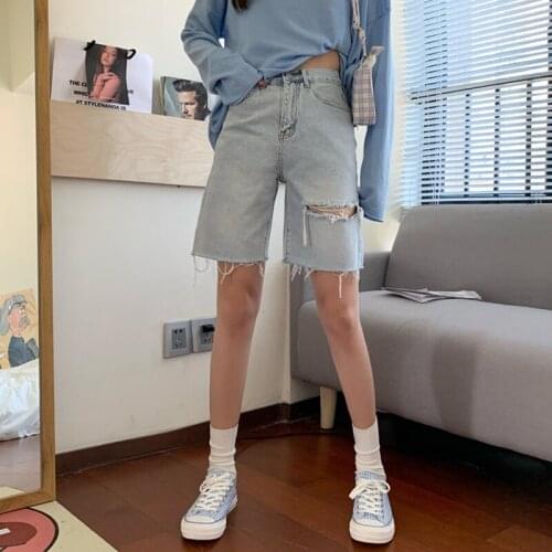 Fashion Denim Shorts Summer High Waist Jeans Hole Blue Casaul Ripped Streetwear Woman Trousers Pantalones De Mezclilla WPY3101