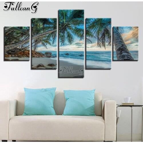 FULLCANG Sea coconut tree scenery 5 piece diy diamond painting full mosaic cross stitch rhinestone embroidery kits FG0292