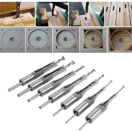7PCS HSS Square Hole Drill Twist Drill Bits Square Auger Mortising Chisel Drill Set Square Hole Woodworking Drill Tools Kit Set