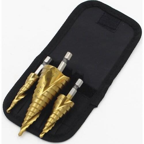 Nylon Bag Packing 3pcs HSS Spiral Grooved Core Cone Step Drill Bits1/4 Hex Shank 4mm To 12mm 20mm 32mm Chamfer Hole Cut Cutter