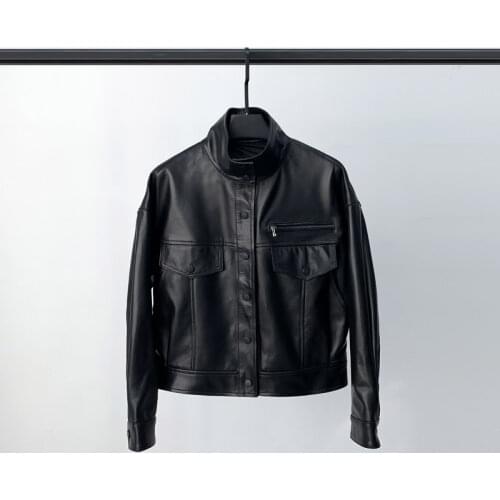 Spring New Leather Jacket Womens Short Stand-up Collar Leather Jacket Sheep Leather Motorcycle Leisure Slimming Jacket