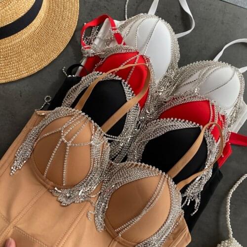 New Fashion Tassel Rhinestone Camisole Sexy Padded Nightclub Dance Sleeveless High Waist Bustier Crop Tops