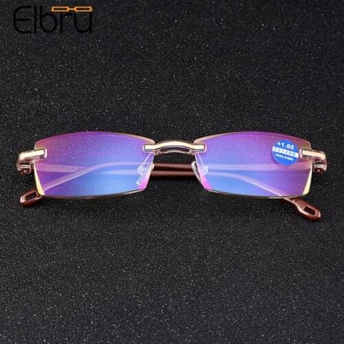 Elbru 2021 Anti Blue Light Rimless Reading Glasses Women Men Vintage Square Frameless Presbyopic Spectacles Diopter +1.0 to +4.0