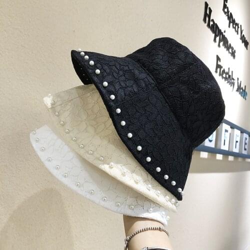Fashion Women Lace Pearl Bucket Hats Summer Autumn Women Street Style Harajuku Print Outdoor Sunscreen Travel Hunting Cap Gift