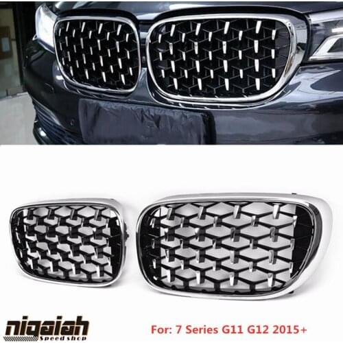 1 Pair G11 Racing Grill Diamond Star Front Grill For BMW 7 Series G11 G12 2015-2019 Kidney Grille Replacement ABS Black & Silver