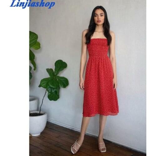 Elegant red spaghetti straps midi dress women backless lining elastic summer autumn long party dress femme vestidos