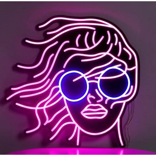 Pink WOMEN GIRL HEAD PORTRAIT Glasses Led Neon Lights Shaped Neon Wall Art for SPA, Cinema, KTV Nail Salon Home Décor Bedroom