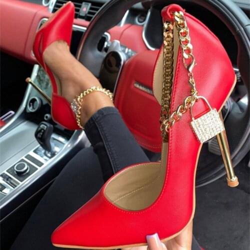 Solid Metal Chain Buckle Low Cut Slip-on High Thin Heel Women Dress Shoes Ladies Pointed Toe Dating Pumps Sexy Party Shoes
