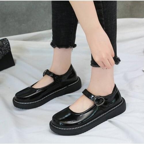 Patent Leather Women Mary Janes Shoes Girls Lolita Shoes Black Spring Autumn Platform Woman Flats Heart Round Toe Ladies Shoes