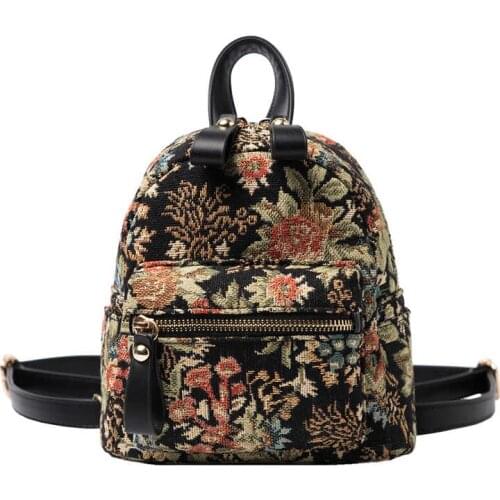 Vintage Flower Embroidery Canvas Backpacks Women Mini Ethnic Backpack Handmade Embroidered Knapsack Female Small Travel Rucksack