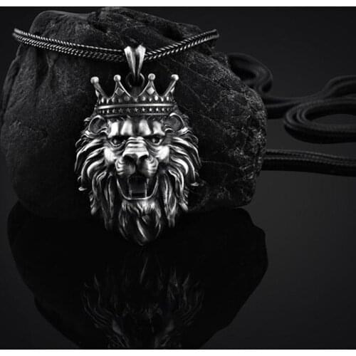 Byzantine Crown Lion Pure tin Pendant necklace s for man Hip Hop Animal Jewelry on the neck Punk Stainless Steel Chain necklace