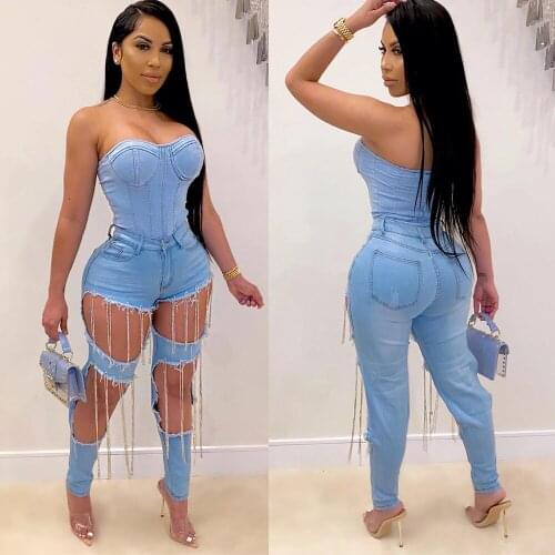 Echoine New Blue Denim Pants Chain Tassel Hollow Out Hole Jeans High Waist Trousers Women Bodycon Outfits Streetwear Ladies