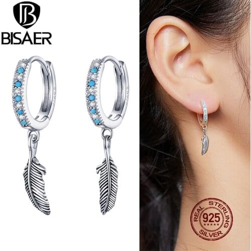 BISAER Feathers Drop Earring 100% 925 Sterling Silver Blue Zircon Vintage Dangle Earrings For Women Exotic Style Jewelry ECE898