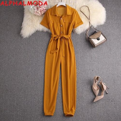 ALPHALMODA 2021 Summer New Pocket Trendy Short-sleeved Jumpsuit Women Turn-down Collar Slim Sashes Pencil Cuff Fashion Overall