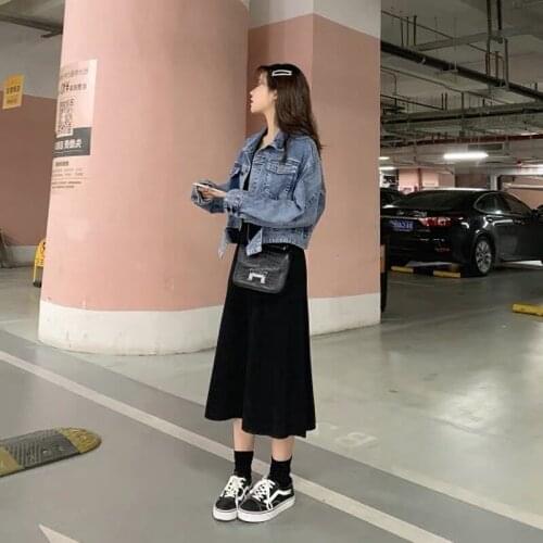 Womens Set 2021 Spring New Denim Jacket and Fashion Sleeveless Long Dress Casual Two Piece Set Female Dress and Short Jacket
