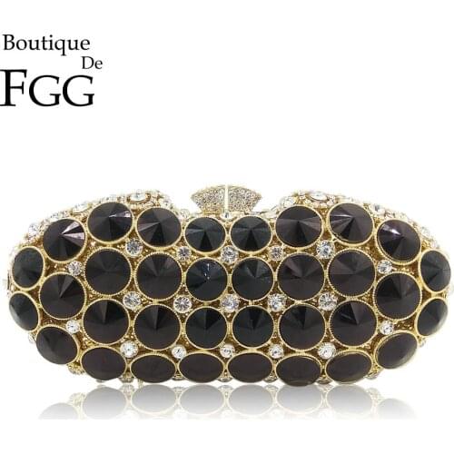 Boutique De FGG Elegant Black Jet Diamond Evening Clutches Bag Women Fashion Wedding Party Handbag Purse Bridal Crystal Clutch