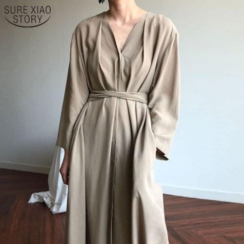 Long Dress 2021 Spring Summer Dresses Fashion Women Lace Up Casual Buttons Fashionable V-neck Vintage Oversize Long Dress New