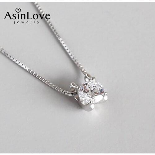 AsinLove Unique Simple Cubic Zirconia Pendant Necklace Minimalist S925 Sterling Silver Box Chain Engagement Female Fine Jewelry