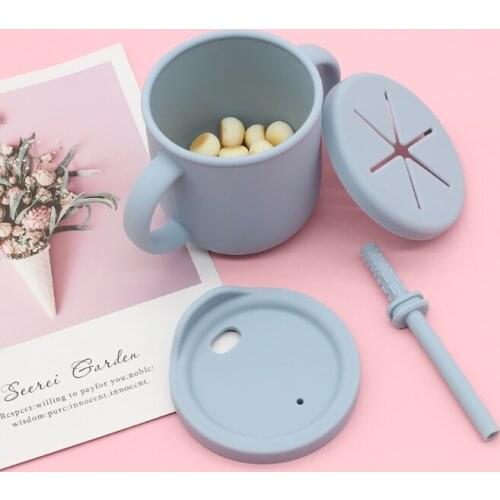300ml Portable Baby Silicone Snack Cup Infants Feeding Food Bowl with Double Handle No Spill Snack Container Straw Water Bottle