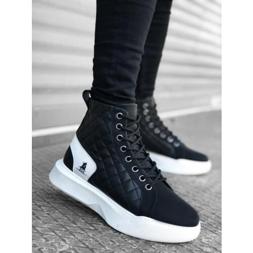BA0159 Laced Black White Quilted Men 'S High Sole Sports Boots