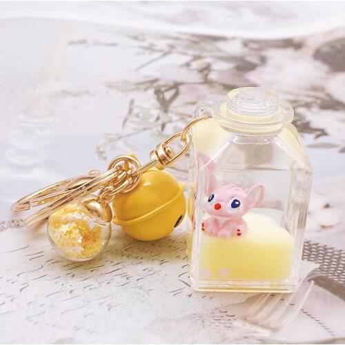 Disney Anime Cartoon Stitch Acrylic Quicksand Floating Bottle Car Keychain Backpack School Bag Keyring Ornaments Small Gifts