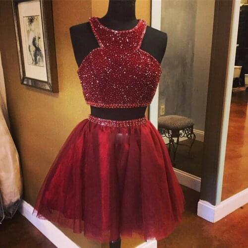 Elegant Burgundy Homecoming Dresses O Neck Crystal Beaded Organza Girl Gown for Prom Party vestidos de 15 cortos Tailor-made