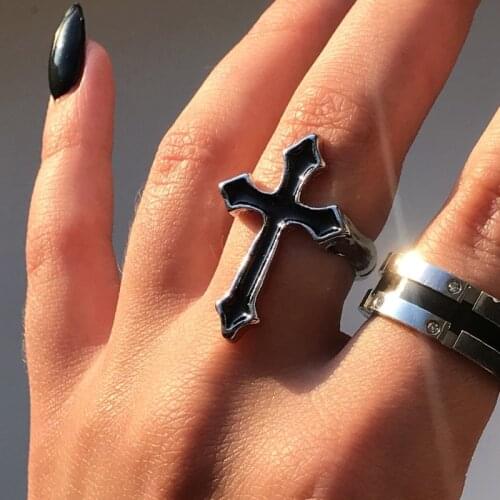 Gothic Vintage Black Big Cross Open Ring for Women Party Jewelry Men Trendy Gothic Metal Color Finger Ring Anillo