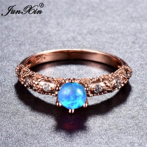 JUNXIN Male Female White/Blue Fire Opal Ring Fashion 18KT Rose Gold Filled Wedding Jewelry Promise Engagement Rings For Women
