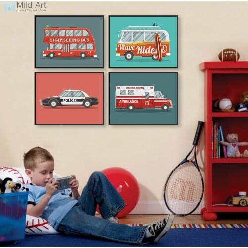 Kawaii Cartoon Rainbow Bus Travel Trip Car Art Print Poster Nursery Wall Picture Canvas Painting Kids Room Home Decor No Frame