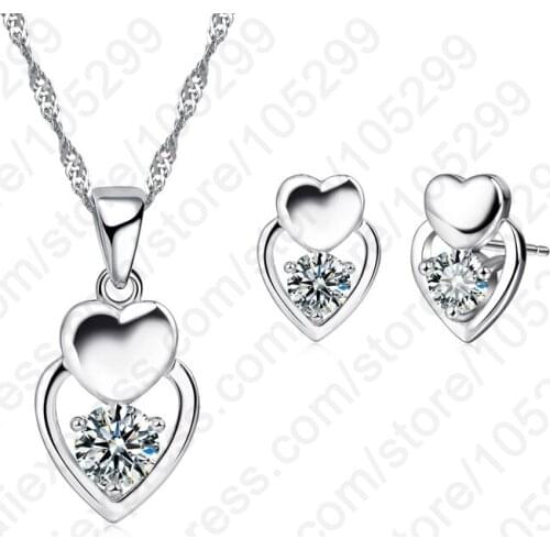 Wedding Party Women 925 Sterling Silver Jewelry SetsDouble Heart CZ Set Pendant Necklace & Stud Earrings Sets