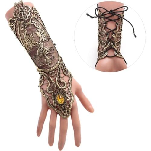 1pc Gothic Steampunk Lace Cuff Fingerless Glove Arm Warmer Bracelet Black Gold