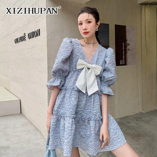 XIZIHUPAN Sweet Patchwork Bowknot Dress For Women V Neck Puff Short Sleeve High Waist Hit Color Mini Dresses Female Summer Style