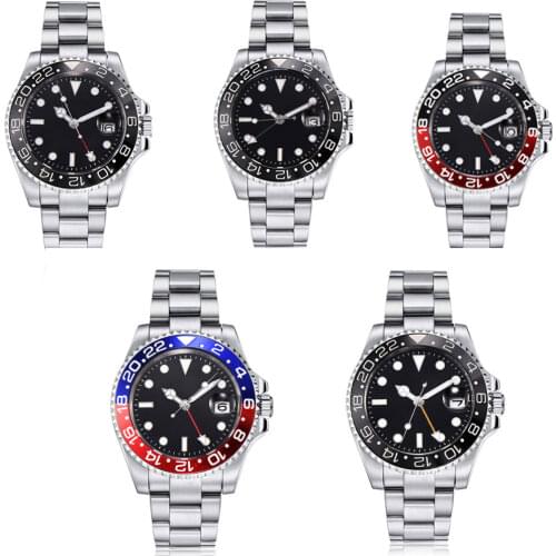 Black GMT 40mm Automatic Men Watch Steel Bezel Brushed Oyster Strap Sapphire Glass Screwdown Crown