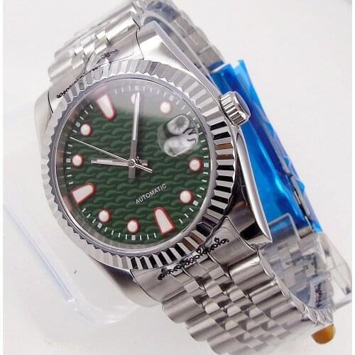 36mm/40mm Sapphire Mens Automatic Watch Japan Miyota 8215 Green Face Green Lume Fix Bezel Jubilee Band Date Cyclops 316L