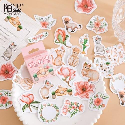 46pcs Flowers And Cat Journal Stickers Diary Stickers For Notebooks Scrapbooking Accessories Kawaii Stationery School Supplies