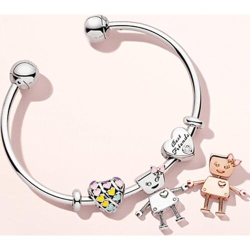NEW 100% Sterling Silver Brand New 1:1 Friend Bracelet Sun-Filled Robot & Rose Robot Bracelet Set Fit Original DIY Bangle