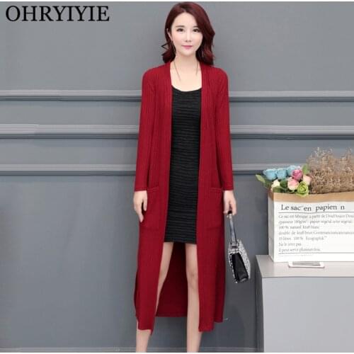 OHRYIYIE Large Size 5XL Black Red Long Cardigan Sweater Women 2021 Spring Autumn Warm Knitted Sweaters Female Large Coat XL-5XL