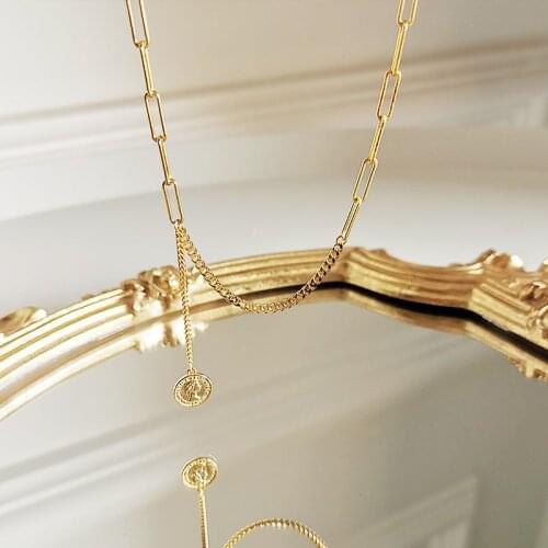 Amaiyllis 925 Sterling Silver Simple Stitching Coin Necklace Pendant Vintage Tassel Clavicle Chain Necklace Jewelry For Women