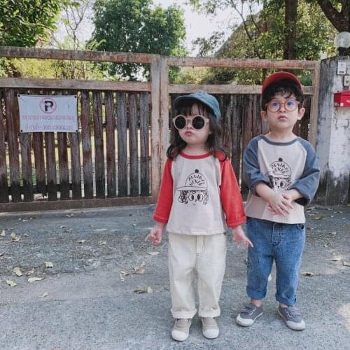 Unisex Shirts Casual Cotton Long Sleeves Tops for Girls Toddler Boys Clothing Autumn Cartoon Splice Kids T-shirts 1 2 3 4 5 Year