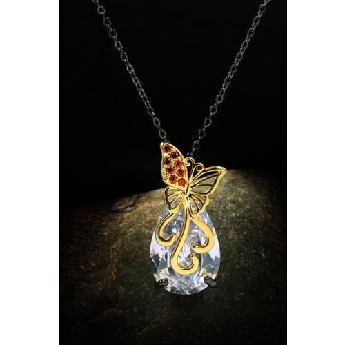 CHARLINLIOL Vintage Big Zircon Stone 925 Sterling Silver Butterfly Pendant Necklace for Women Gothic Black Gold Jewelry