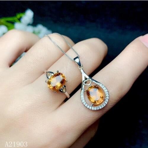 KJJEAXCMY boutique jewelry 925 sterling silver inlaid natural citrine gemstone female ring necklace pendant support test