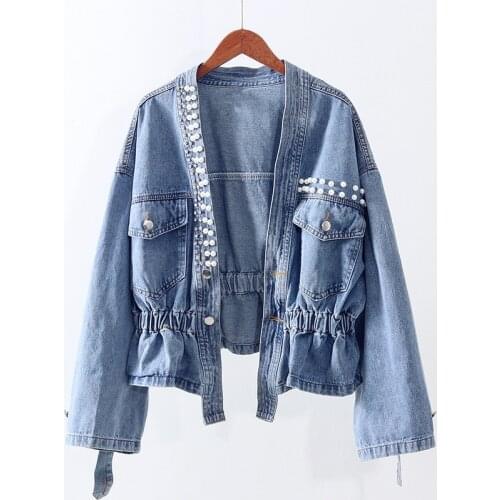Autumn Korean Fashion Beading Diamonds Elastic Waist Denim Jacket Coat Female Wash Blue Loose Short Jeans Jacket Women Outerwear