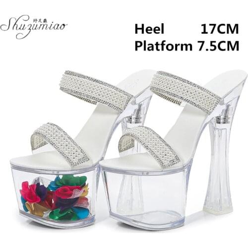 Summer 2021 New Large Size Womens Shoes Flower Crystal Platform 17CM High Heel Slipper Sexy Fashion Show Nightclub Model Shoes