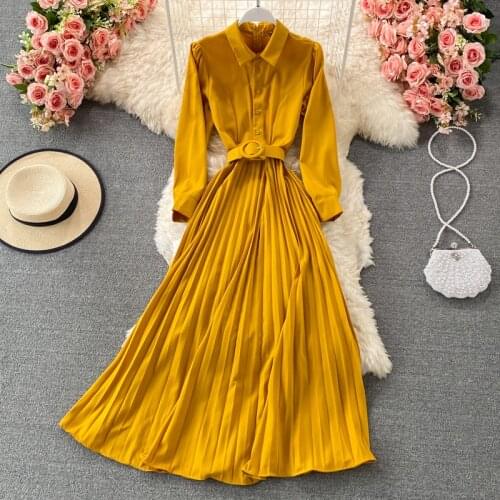 Spring Autumn Vintage Yellow/Purple Single Breasted Pleated Long Dress Women Elegant Turn-Down Collar Long Sleeve Vestidos 2021