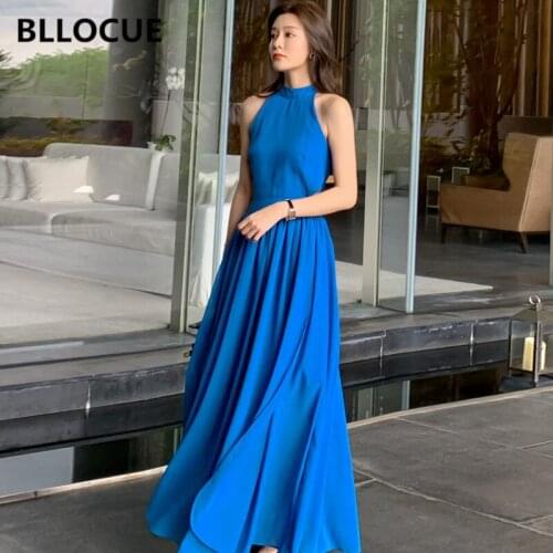 BLLOCUE Runway Blue Hanging Neck Chiffon Dress 2020 New Summer Korean Seaside Vacation Sexy Backless Beach Long Sweet Dress