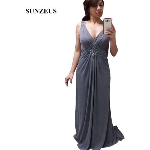 Grey Chiffon Mother Of The Bride Dresses Elegant V-neck Long Women Party Gowns Appliques Beaded Godmother novias vestidos CM0168