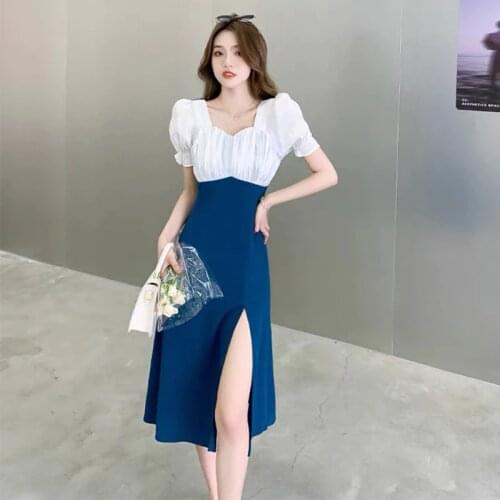 Fashion Summer Casual Streetwear Midi Dress Ladies OL Elegant Retro Square Collar Short Sleeve Patchwork Chiffon Vacation Dress