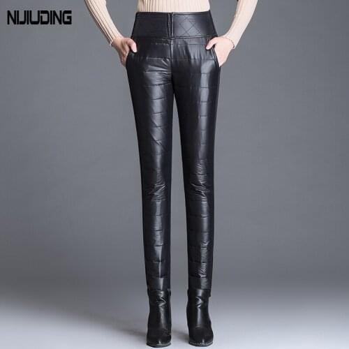 Winter Warm Duck Down Velvet Womens Pants Autumn High Waist Solid Skinny Formal Pants Female Elastic Waist Work Trousers Lady